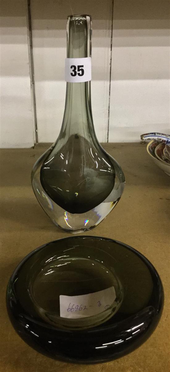 Orrefors teardrop vase and a Holmegaard dish